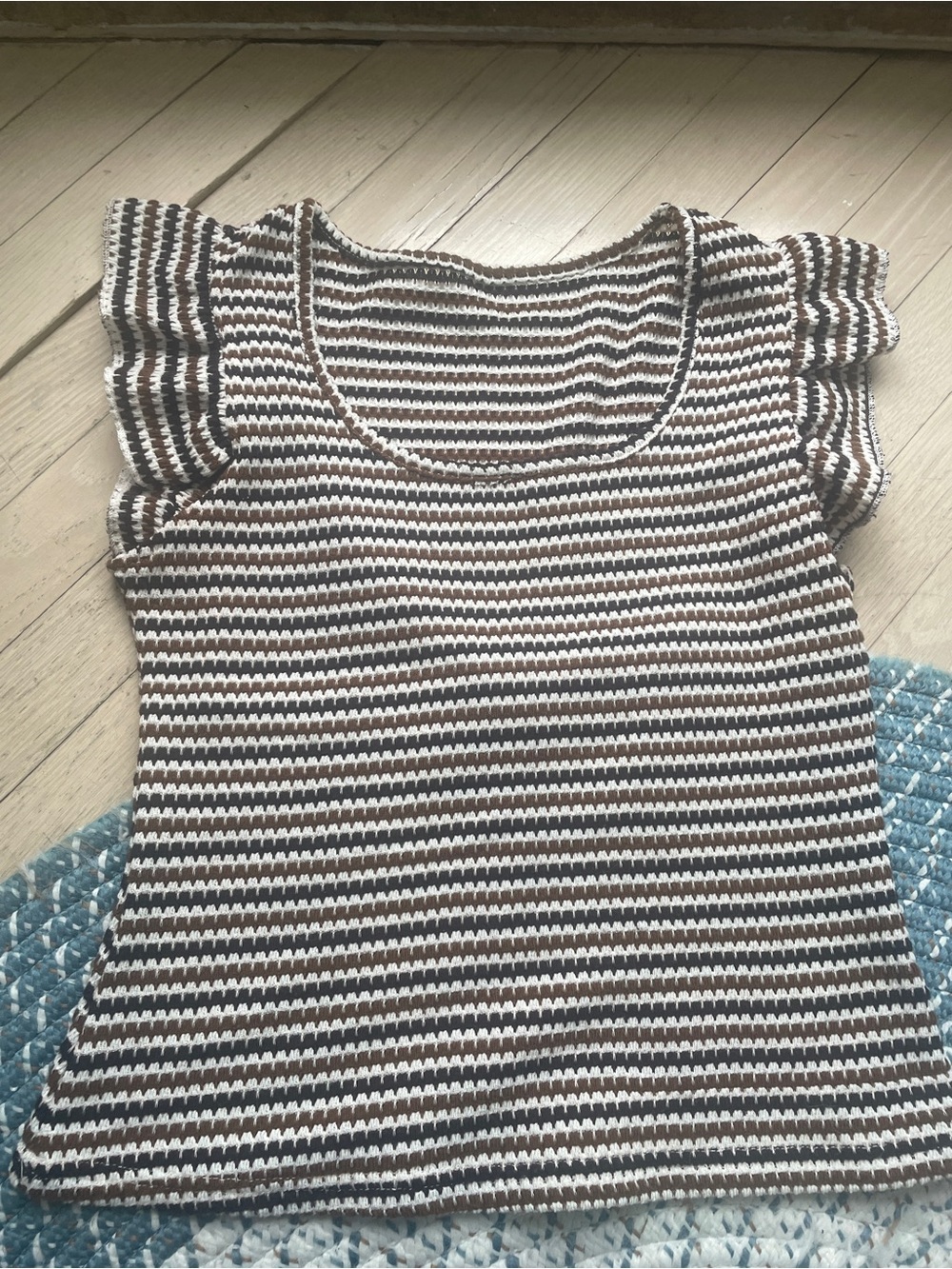 Striped Knit Ruffle Sleeve Top in White and Brown